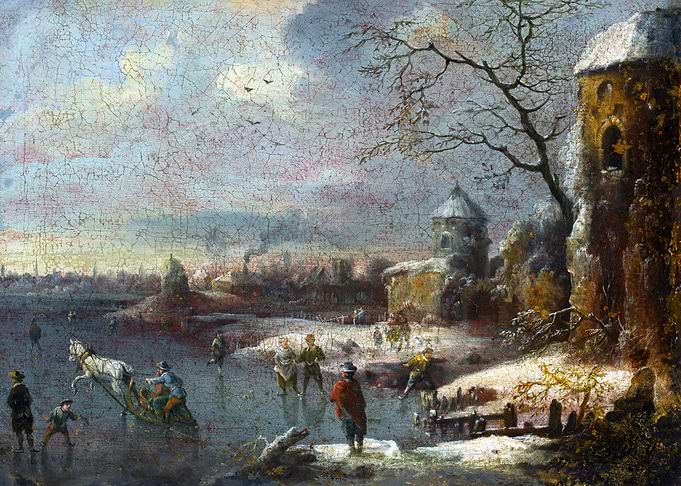 Winter Landscape with Ice Skaters in Warsaw by Snow Painting