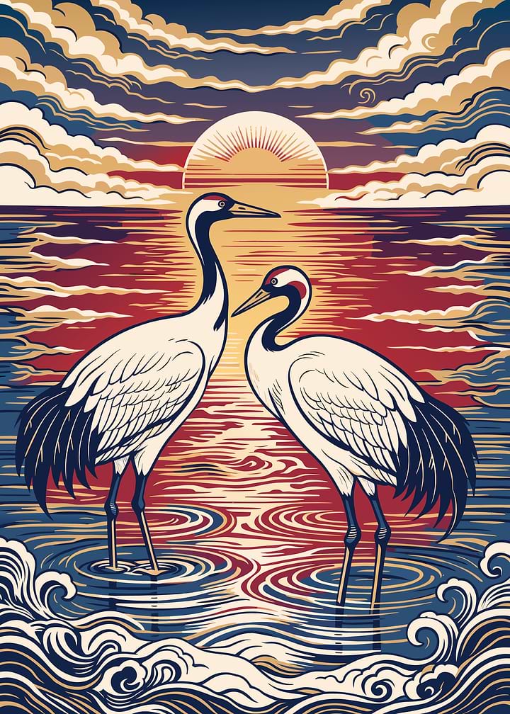 two cranes standing in still water at dawn — Japanese Woodblock Art Print