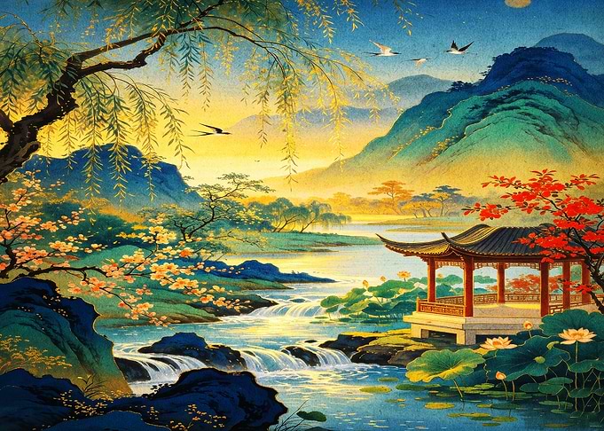 Asian Landscape River Pavilion Art