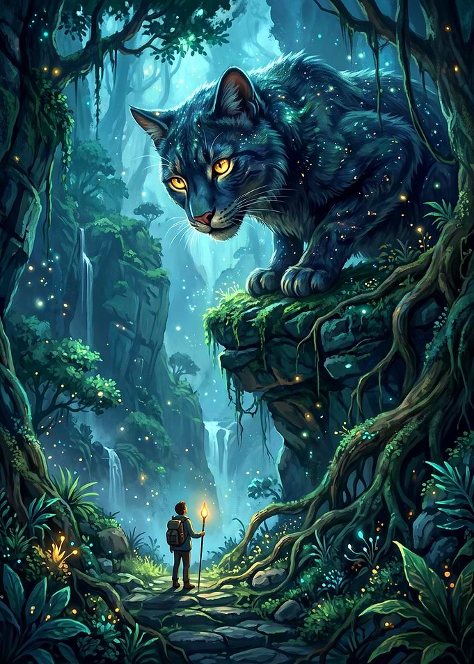 Giant Cat Guardian in Enchanted Forest