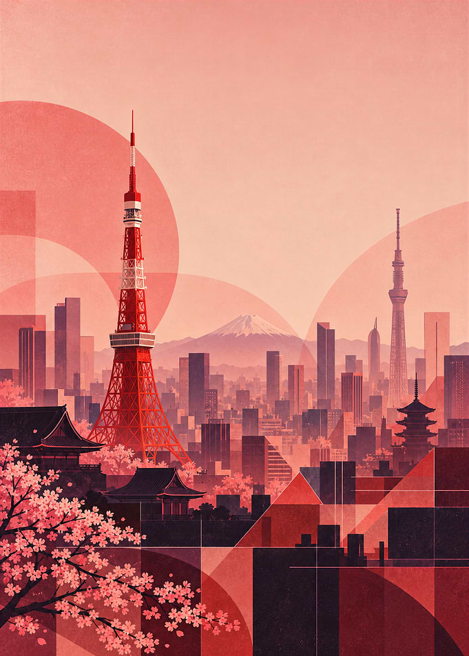 Tokyo Skyline with Cherry Blossoms