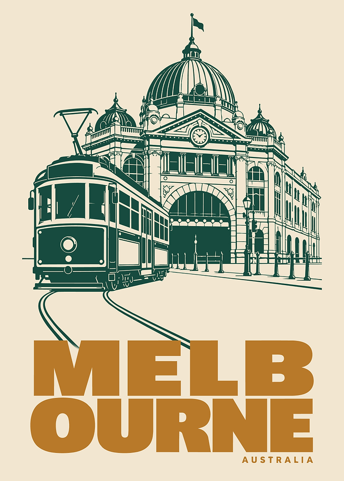 Melbourne, Australia Travel Poster – Flinders Street Station & Tram
