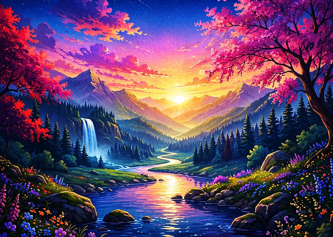 Vibrant Forest River Valley Art