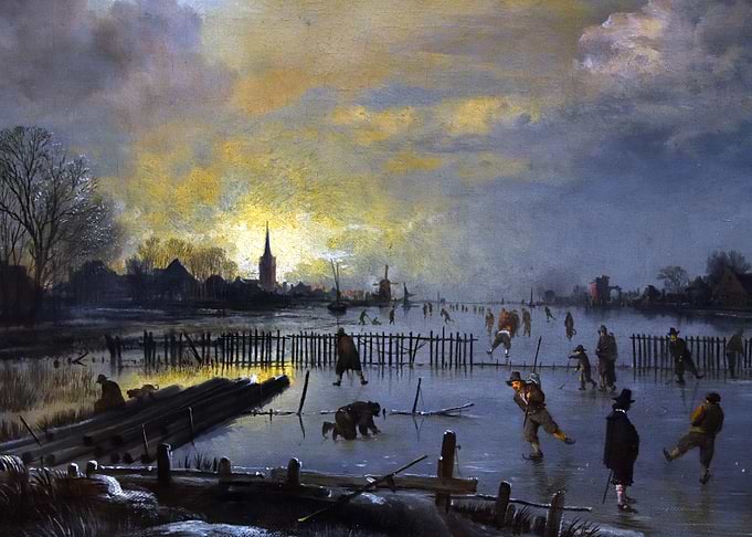 Night Time Winter Landscape with Ice Skaters Painting