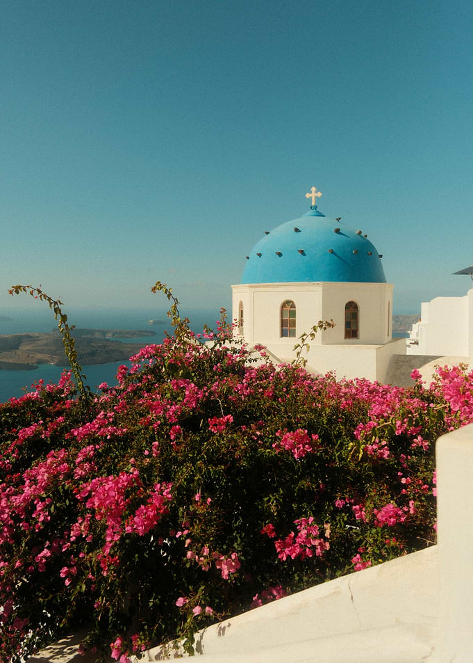 Santorini Blue Dome and Bougainvillea – Greek Island Photography