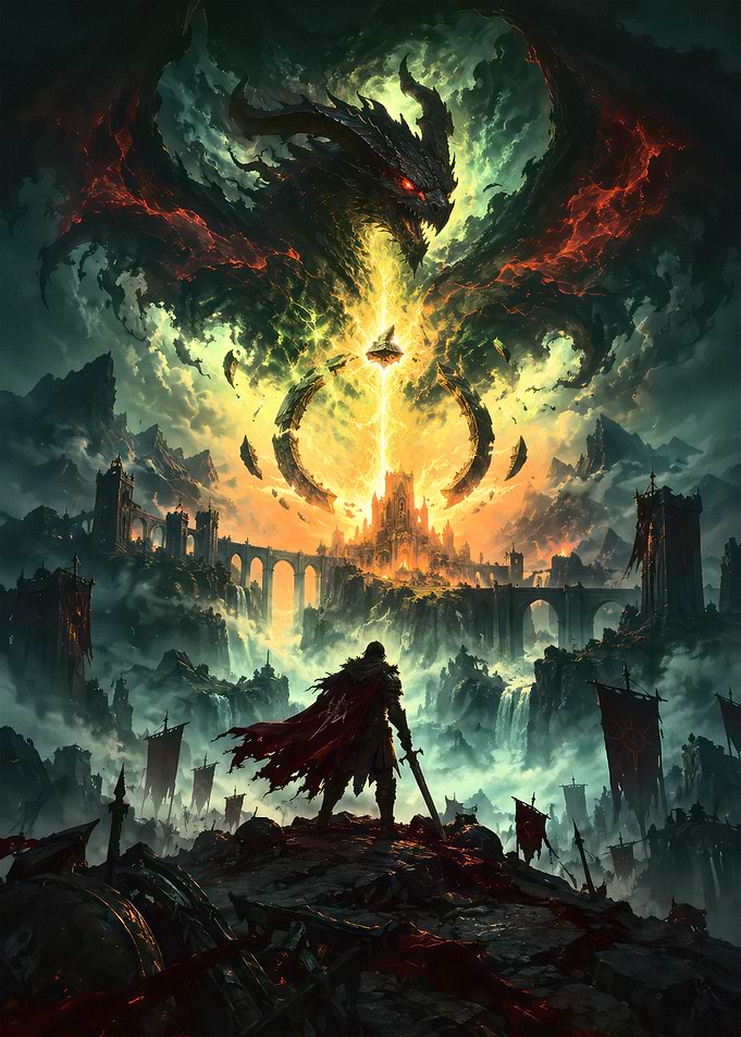 Warrior Facing a Colossal Dragon