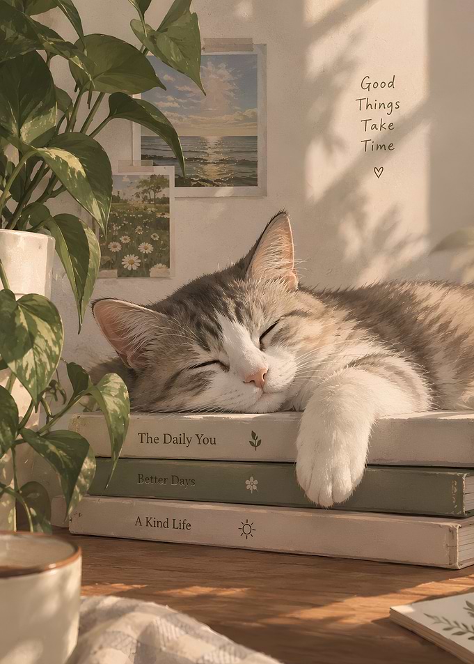 Cozy Cat Sleeping on Books