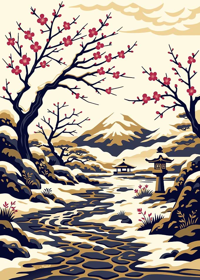Crimson Plum Blossoms – Early Spring in a Snowy Japanese Garden