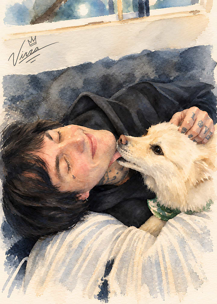 Watercolor Portrait of Man and Dog