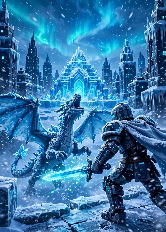 Knight Battling Ice Dragon
