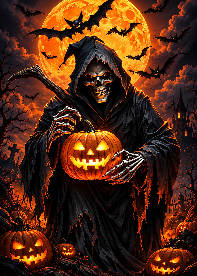 Grim Reaper Holding Glowing Jack-O-Lantern