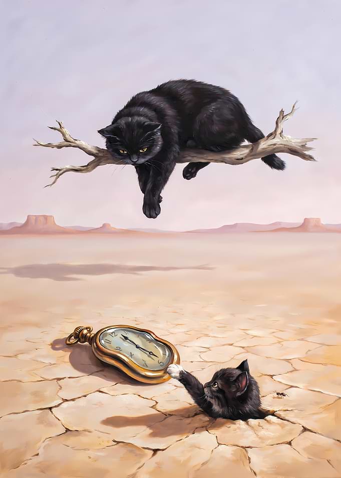Surreal Cat and Melting Clock Painting