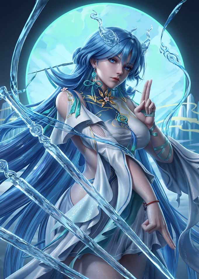 Blue-Haired Fantasy Water Spirit Maiden