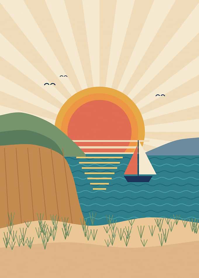 Retro Sunset Cove with Sailboat and Sunburst Sky
