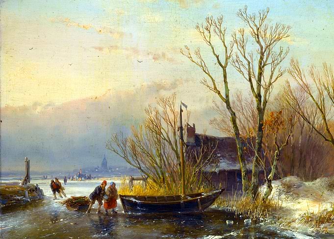Ice Skating and Gathering Firewood Winter Landscape Snow Painting