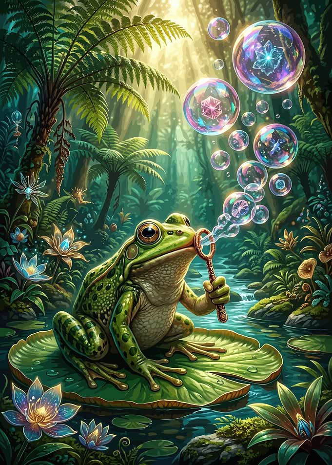 Frog Blowing Bubbles in Enchanted Forest