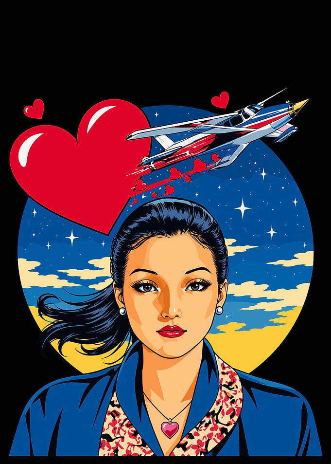 Retro Anime Style Woman and Plane