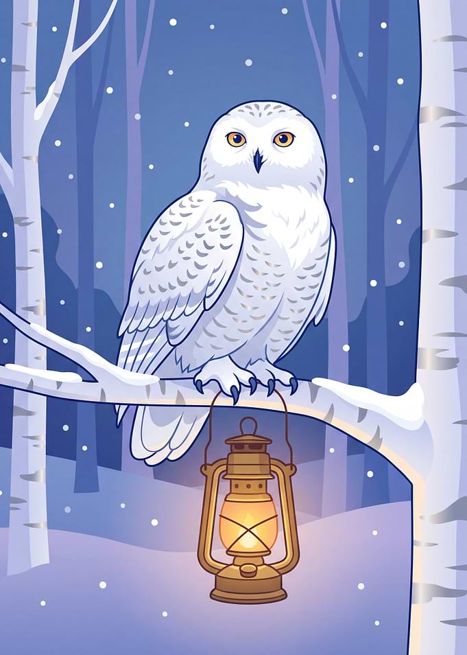 Snowy Owl with Lantern in Winter