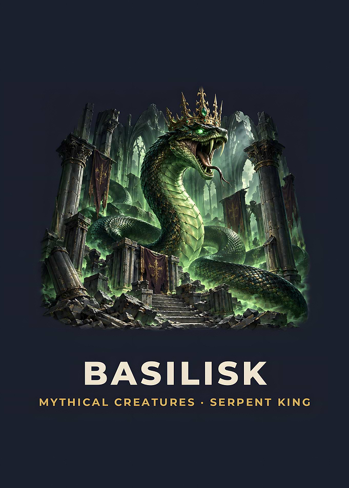 Basilisk Serpent King Crown Ruins Mythical Poster