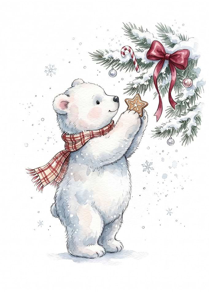 Cute Polar Bear Decorating Christmas Tree