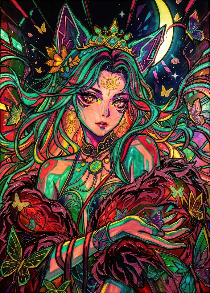 Stained Glass Style Fantasy Cat Goddess