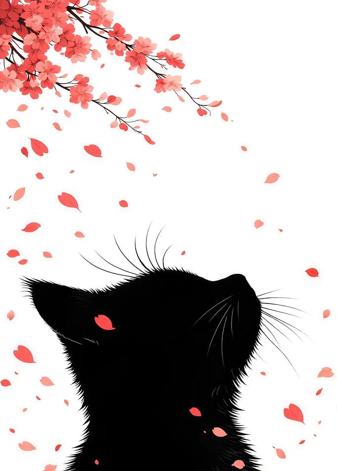 Black Cat Under Cherry Blossoms
