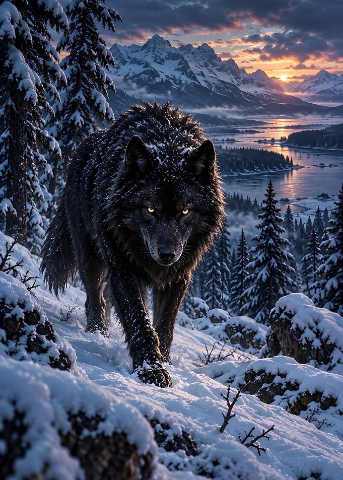 Black Wolf Walking Snowy Forest Mountain Dusk