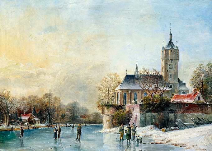 Winter Landscape with Ice Skaters by Johannes Bartholomaus Snow Painting
