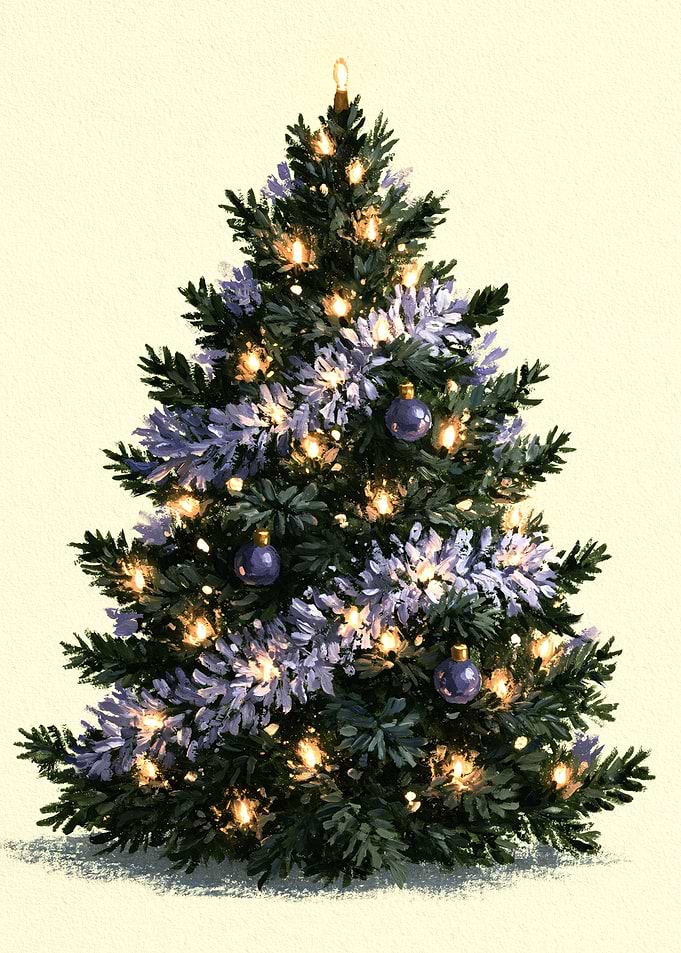 Decorated Christmas Tree with Warm Twinkling Lights, Vintage Holiday Illustration