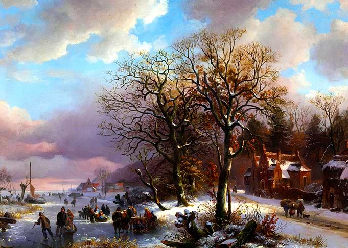Ice Skating on the River by Andreas Schelfhout Winter Snow Landscape Painting