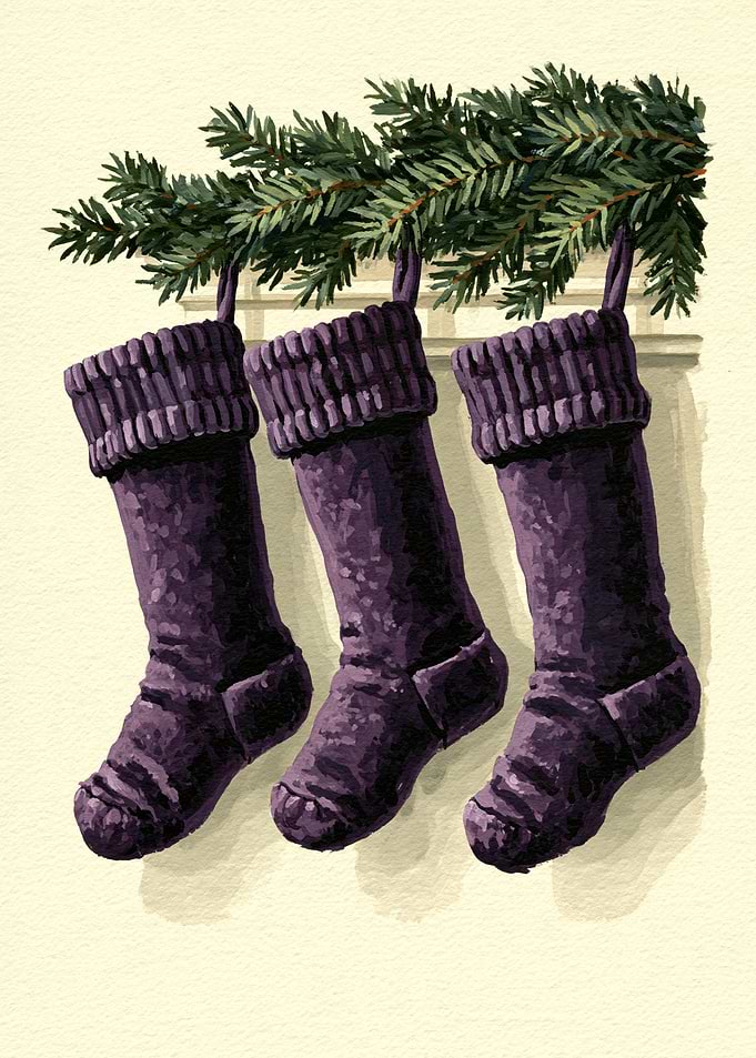 Three Plum Purple Christmas Stockings Hanging with Greenery, Cosy Mantel Art