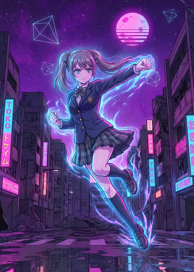 Anime girl Superpower Neon City Synthwave