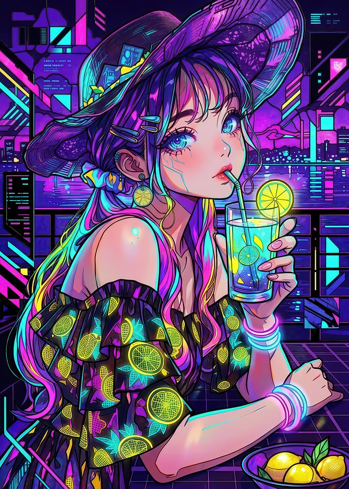 Neon Cyberpunk Anime Girl Drinking Lemonade