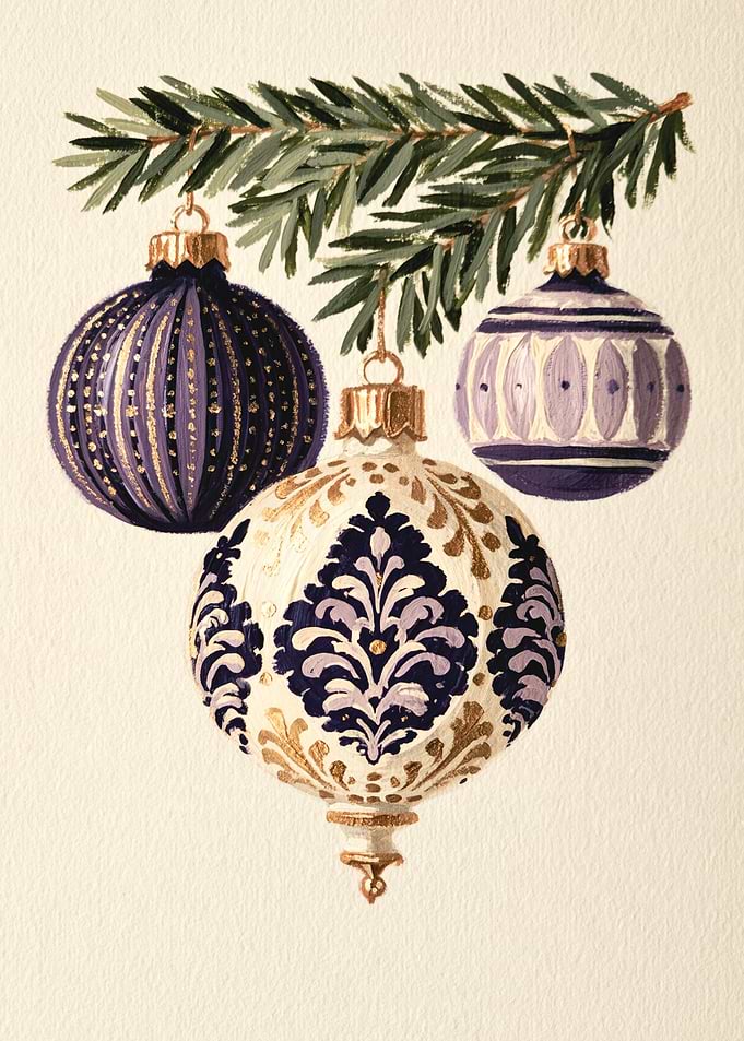 Ornate Purple and Gold Christmas Baubles Hanging from a Pine Branch, Vintage Ornament Art
