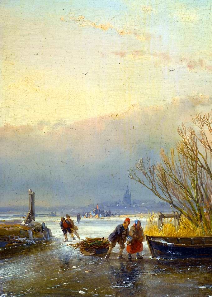 Ice Skating and Gathering Firewood Winter Snow Landscape Painting
