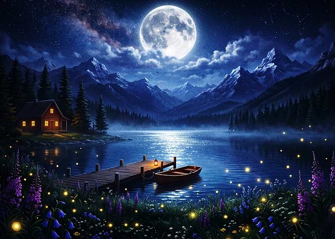 Moonlit Mountain Cabin Night Art