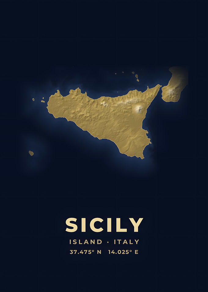 Sicily Italy Navy Gold Island Map Poster