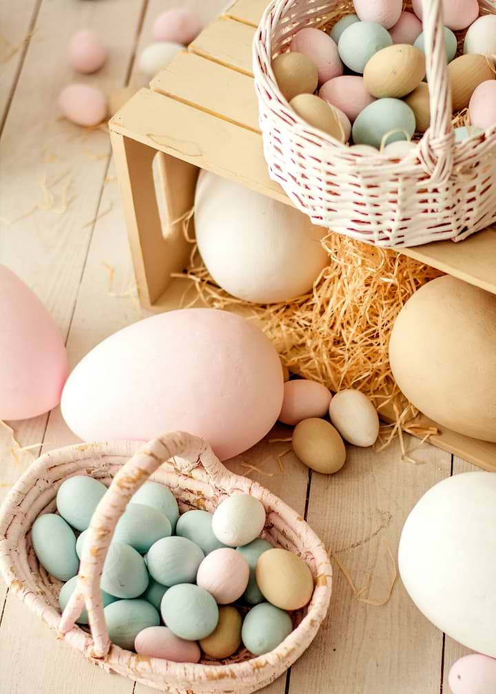 Pastel Easter Eggs in Wicker Baskets
