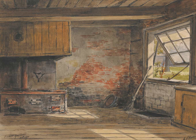 Watercolor Painting of Rustic Kitchen Interior