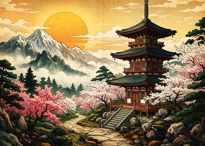 Japanese Pagoda Mountain Sunset Art