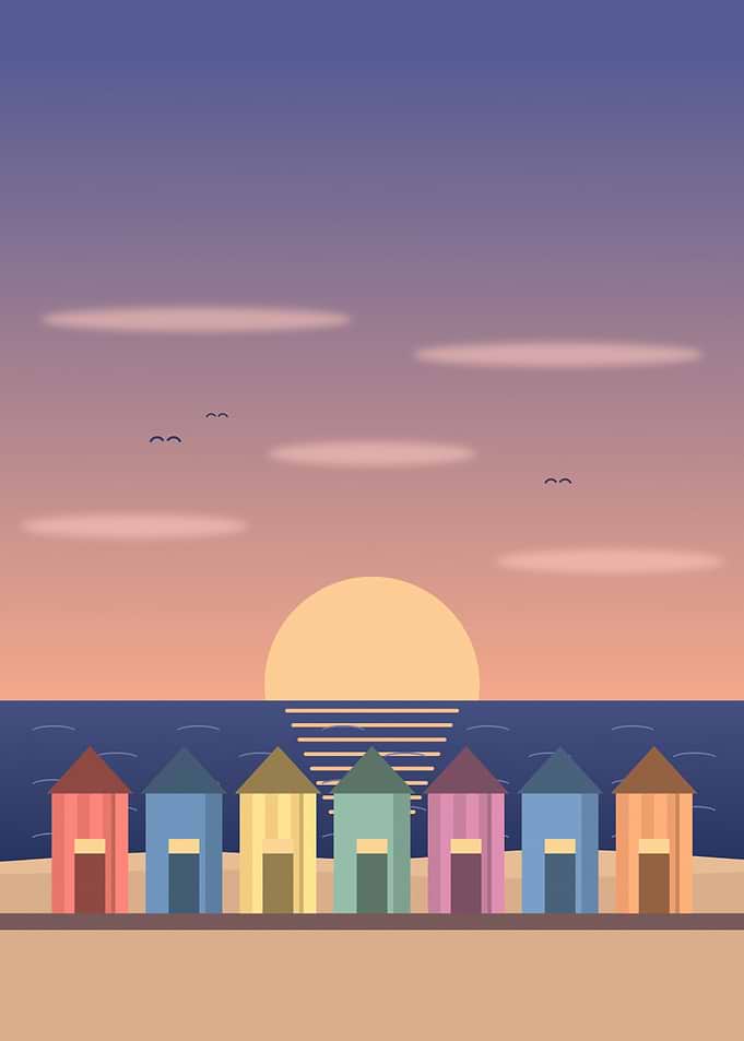 Colourful Beach Huts at Dusk Seaside Sunset Poster