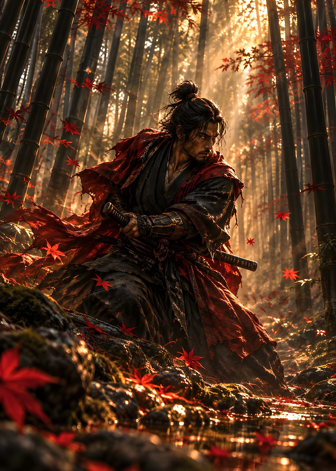 Samurai Ambush In Bamboo Forest Sunlight Art