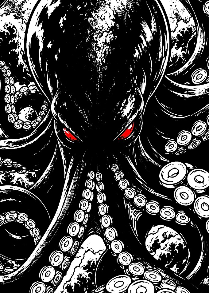 Menacing Kraken with Glowing Red Eyes