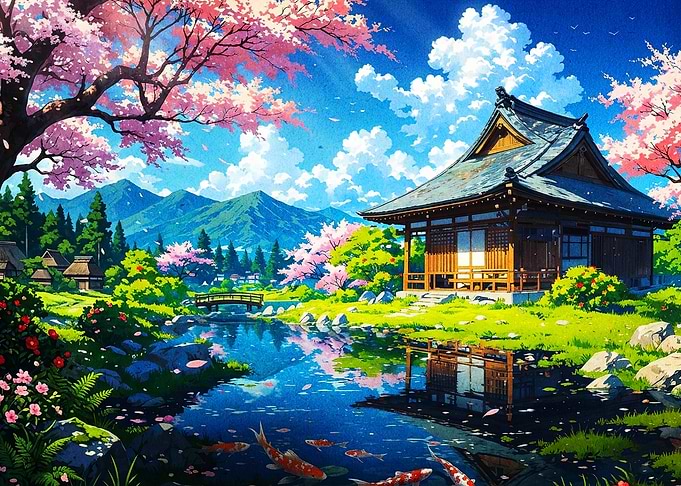 Japan Temple Cherry Blossom Art