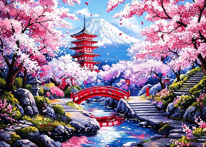 Japan Sakura Mount Fuji Temple Art