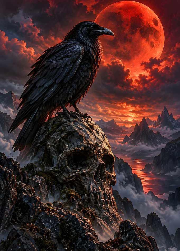 Black Raven On Skull Rock Under Blood Moon