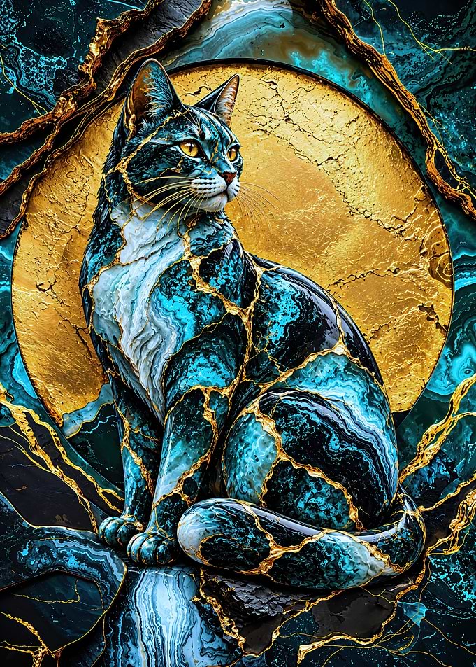 Kintsugi Style Marble Cat Portrait