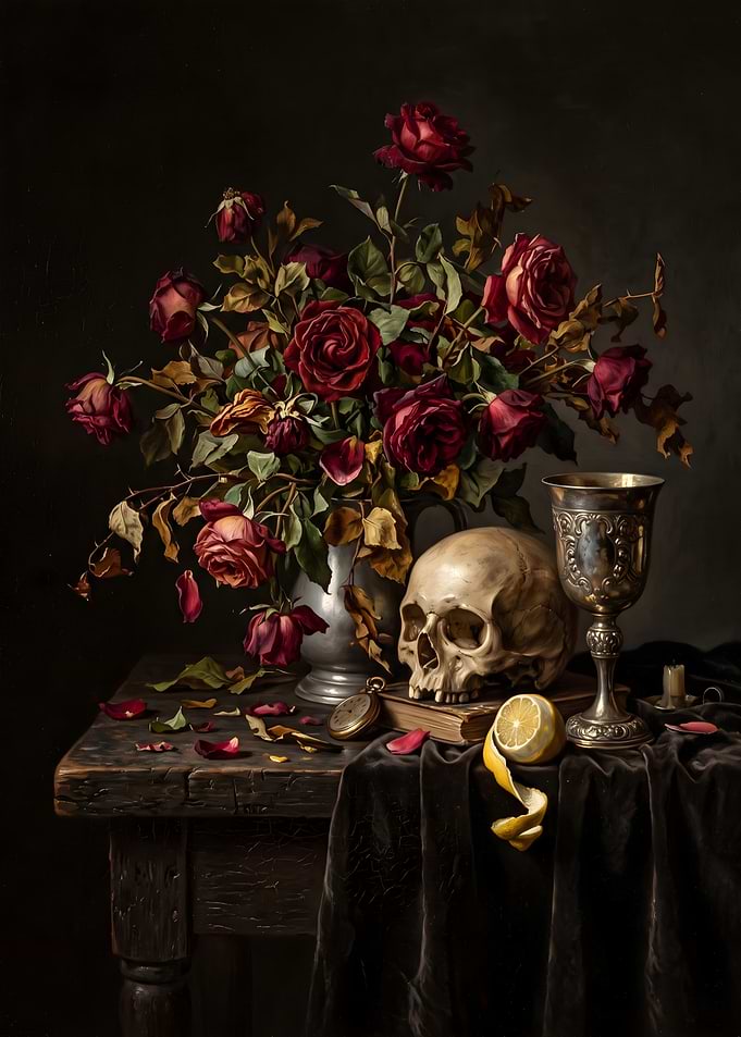 Vanitas Still Life with Roses and Skull