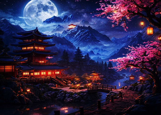 Japan Temple Moon Cherry Blossom Ar