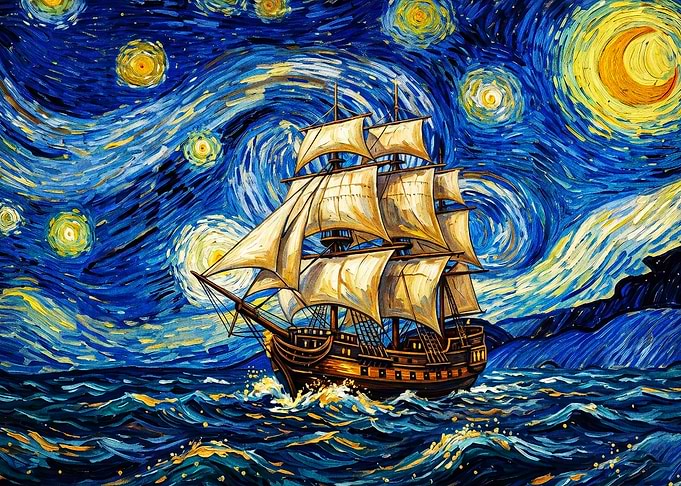 Ship Ocean Starry Night Art